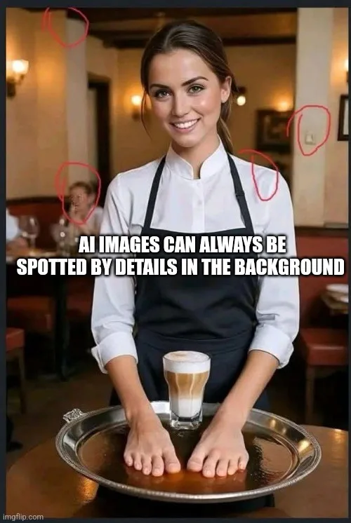 A woman in a restaurant uniform smiles while holding a tray with a latte, but her feet are visibly placed on the tray's…