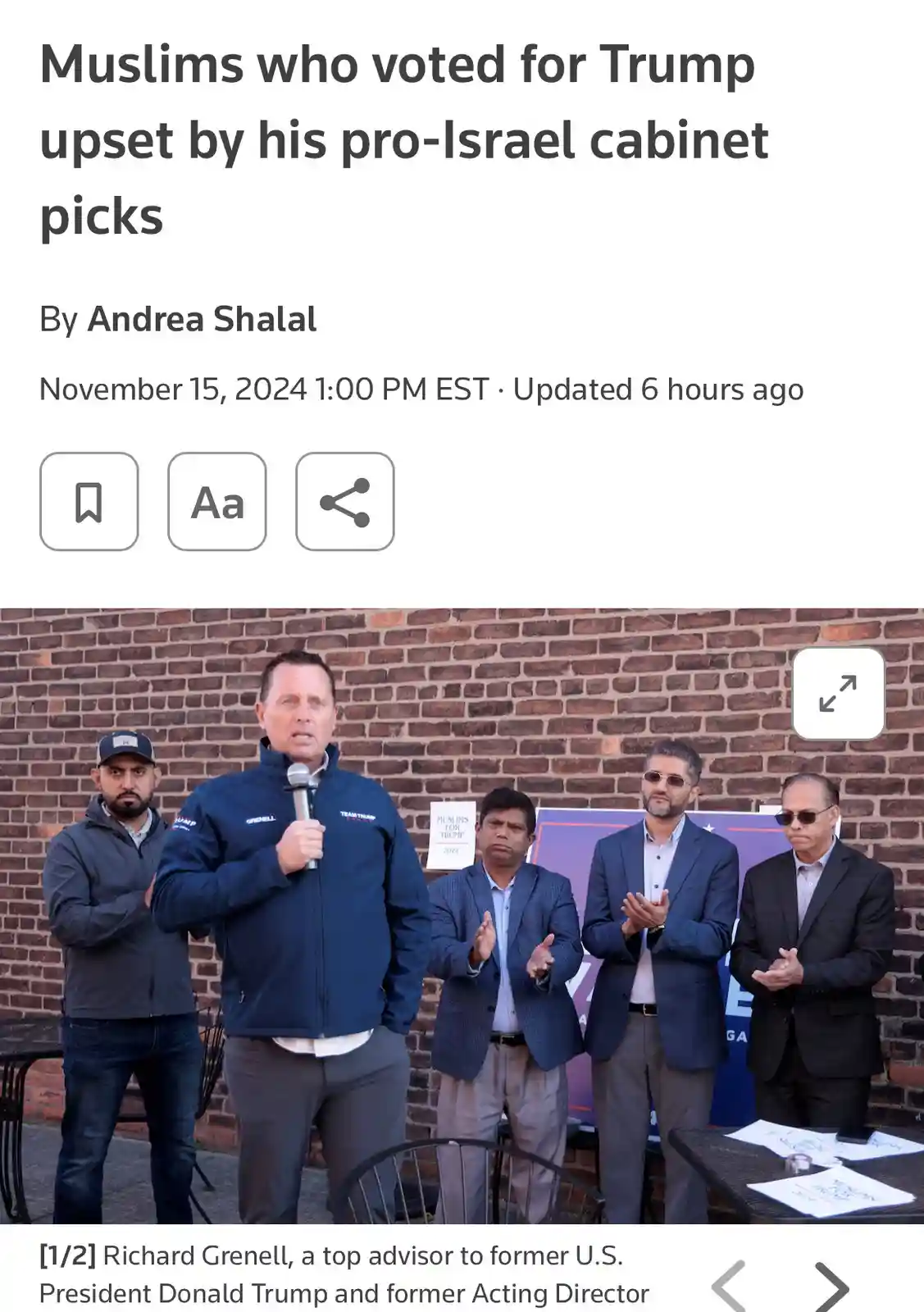 A screenshot of a news article header showing a headline about Muslims who voted for Trump being upset by his pro-Israel…