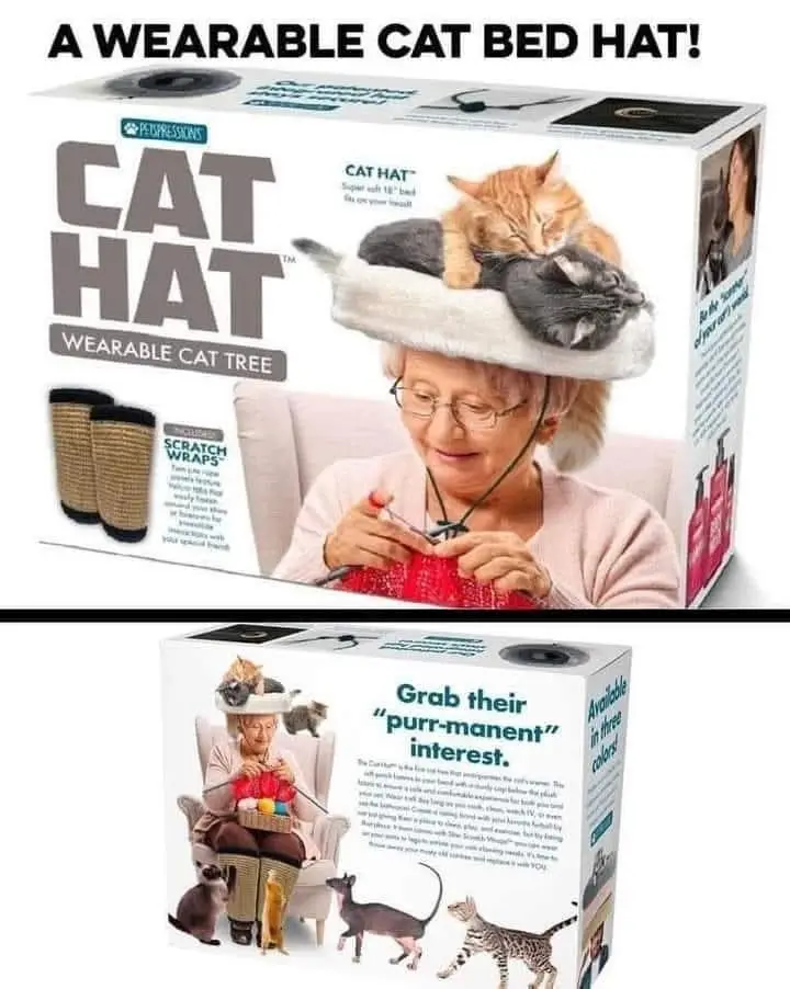 The image shows a product box for a 'Cat Hat' wearable cat tree, featuring an elderly woman knitting while wearing a hat…