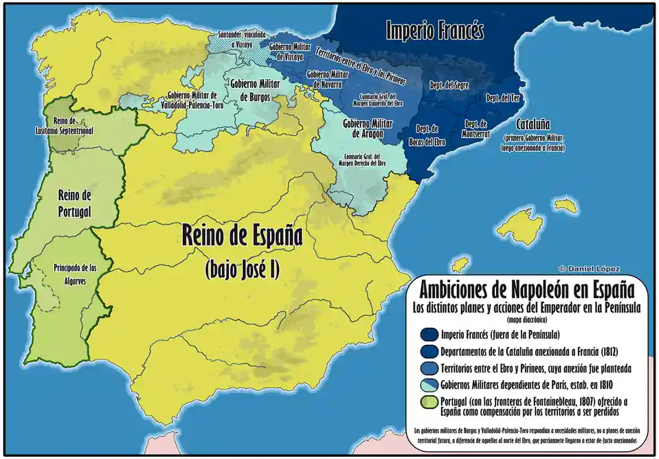 A historical map of the Iberian Peninsula showing territorial divisions during Napoleon's invasion, with regions labeled in…