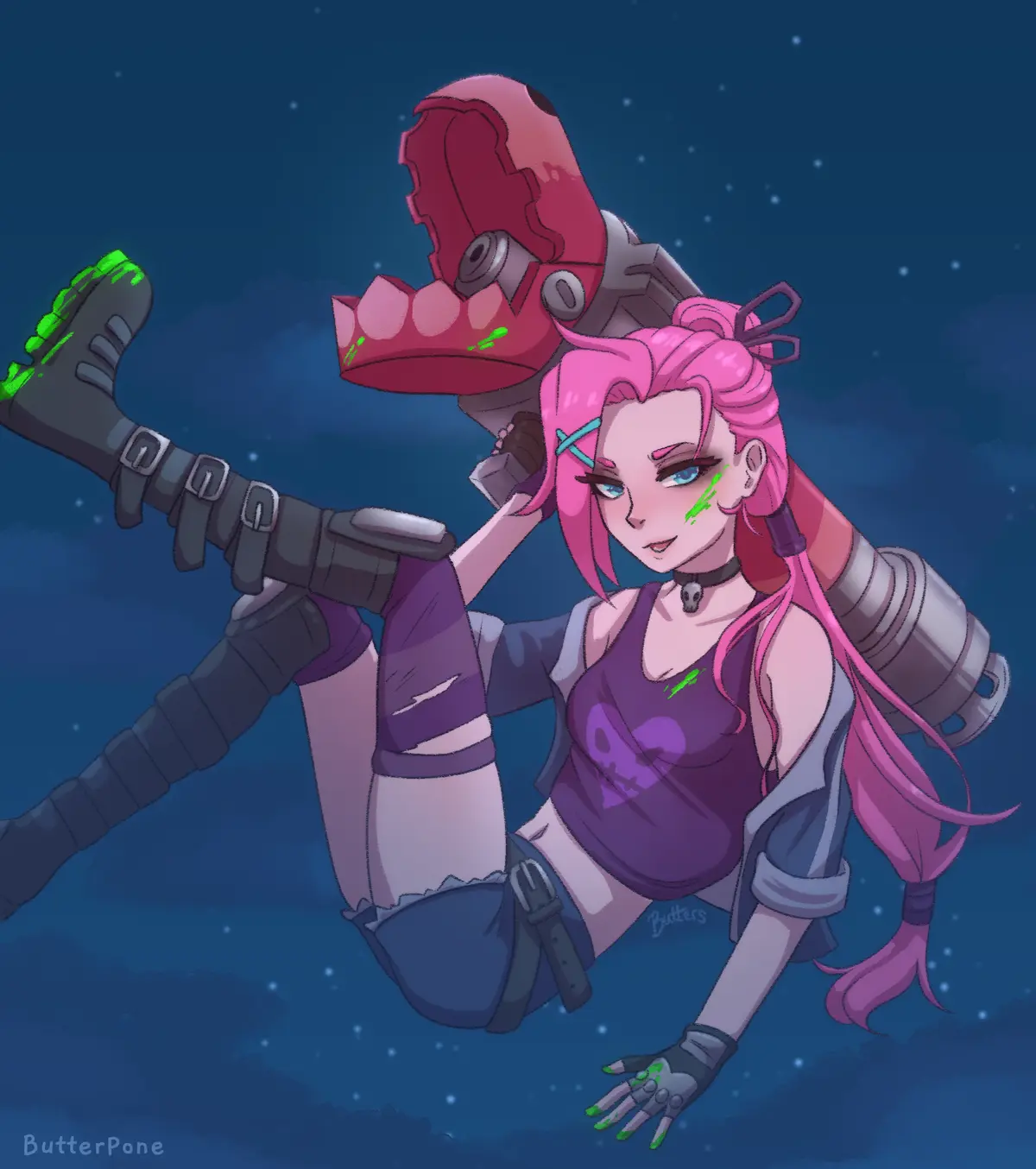 An anime-style illustration shows a pink-haired girl with a skull choker and purple top floating in a starry night sky…