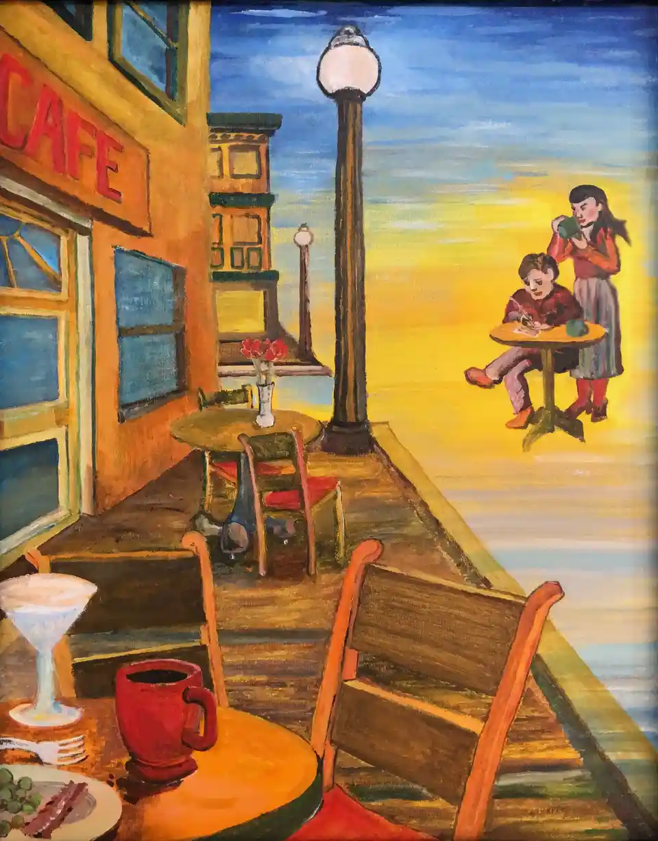 A painting of a cafe patio with tables and chairs, one table in the foreground has a red mug, a martini glass, and a plate…