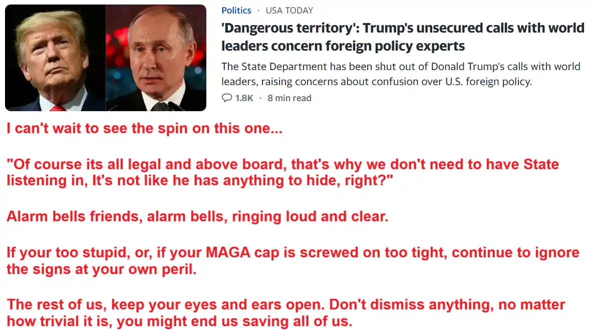 The image displays a screenshot of a USA TODAY article about Trump's unsecured calls with world leaders, overlaid with red…