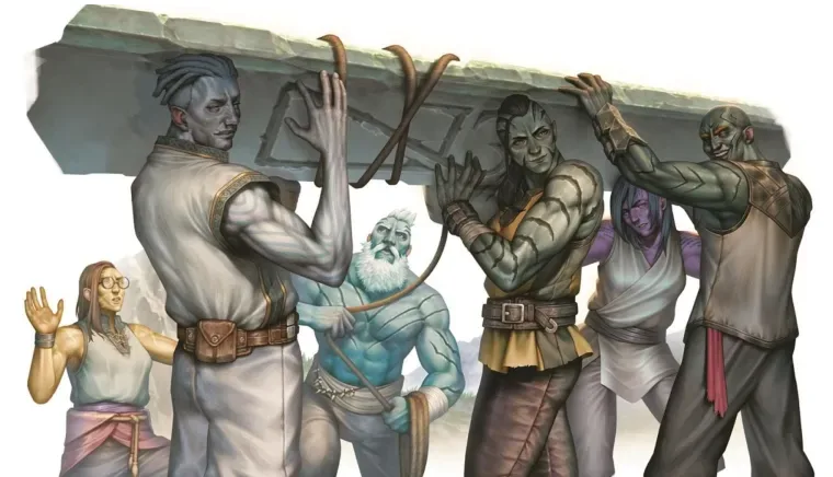 A group of fantasy adventurers, including a blue-skinned man with a beard, a green-skinned woman, and others, are struggling…
