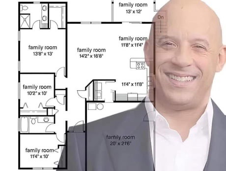 A floor plan of a house is shown, with multiple rooms labeled 'family room' and their dimensions, such as '13'8" x 13'" and…