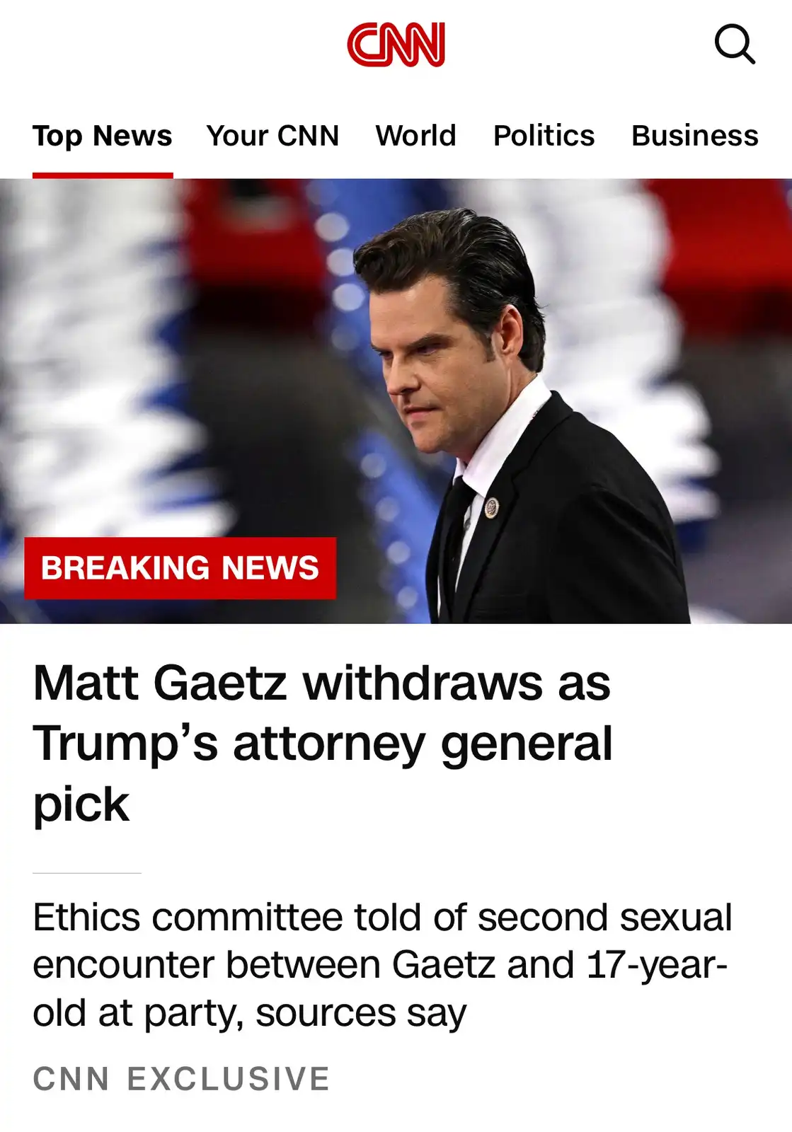 A screenshot of a CNN news article shows a photo of Matt Gaetz looking serious, with a red 'BREAKING NEWS' banner. The…