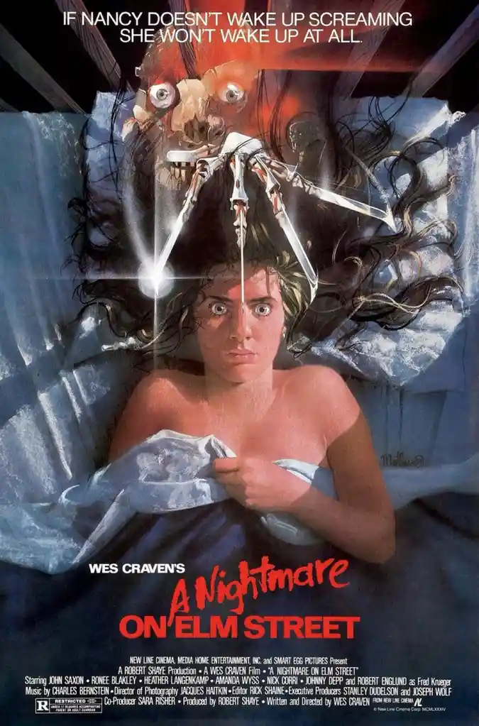 The image is the iconic movie poster for 'A Nightmare on Elm Street,' showing a terrified woman in bed as a skeletal, clawed…