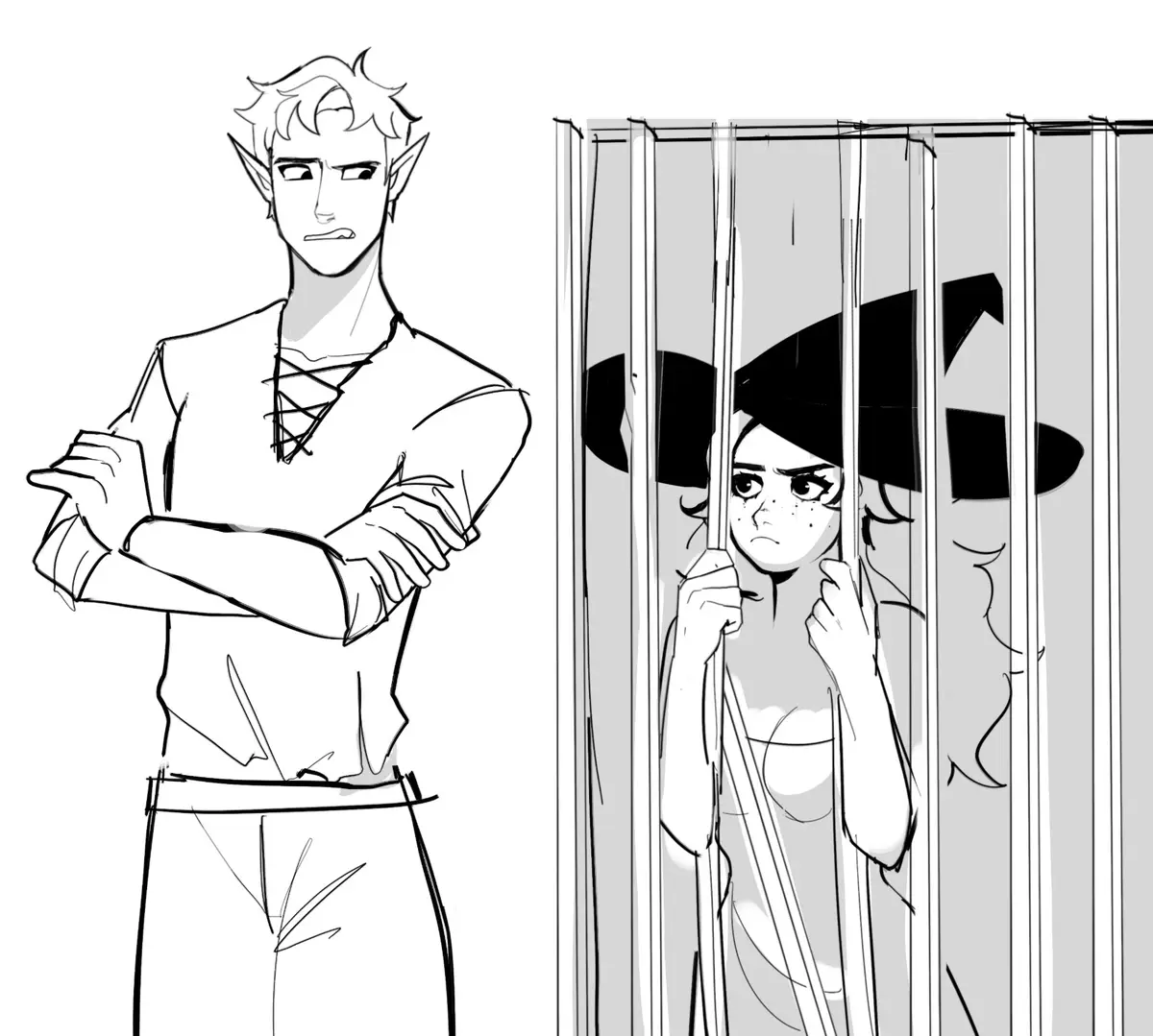 A black-and-white sketch shows a male elf with arms crossed standing outside a cage, while a female elf with a hat grips the…