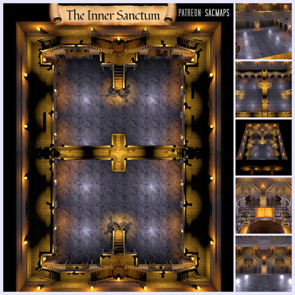 An overhead view of a grand, ornate, and symmetrical stone chamber labeled 'The Inner Sanctum' with torches along the walls…