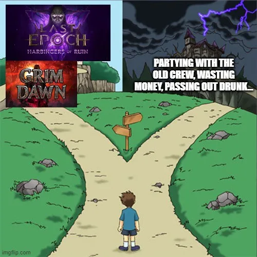 A cartoon boy stands at a fork in the road, facing two paths. The left path has a sign pointing to 'Last Epoch: Hardingers…