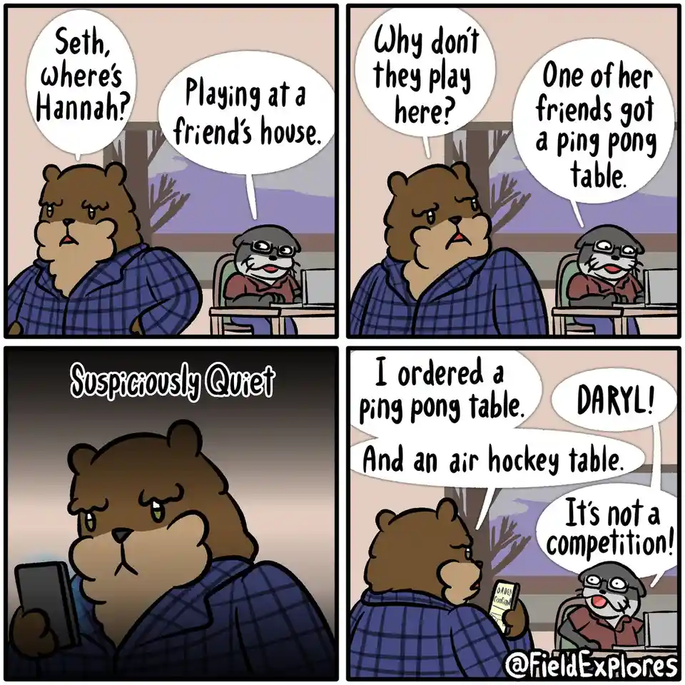 A four-panel comic strip featuring two anthropomorphic otters. In the first panel, a bear asks where Hannah is, and the…
