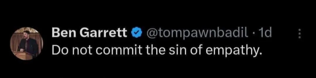 A screenshot of a tweet from verified user Ben Garrett (@tompawnbadil) showing his profile picture and the text 'Do not…