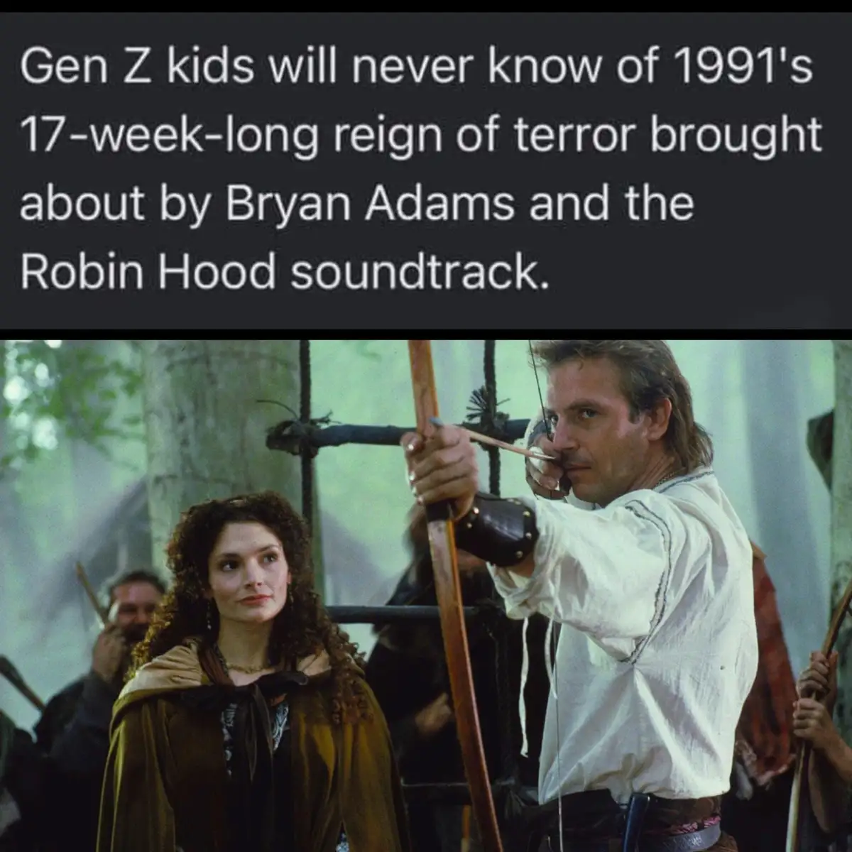 The image shows a scene from the 1991 movie 'Robin Hood: Prince of Thieves,' featuring a man in medieval attire aiming a bow…