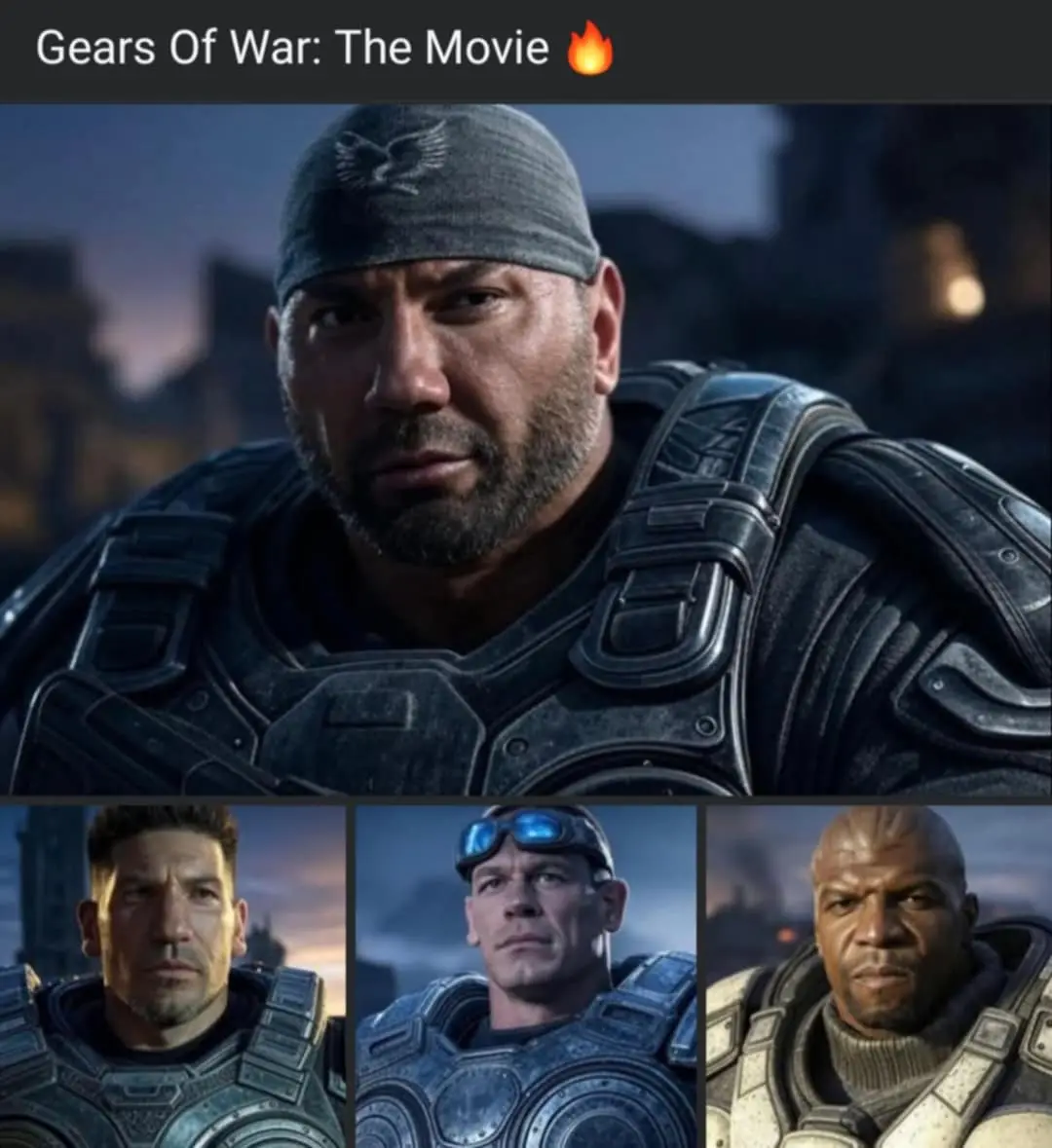 The image displays a top panel featuring a close-up of a serious-looking man in dark, futuristic armor with a headband, set…