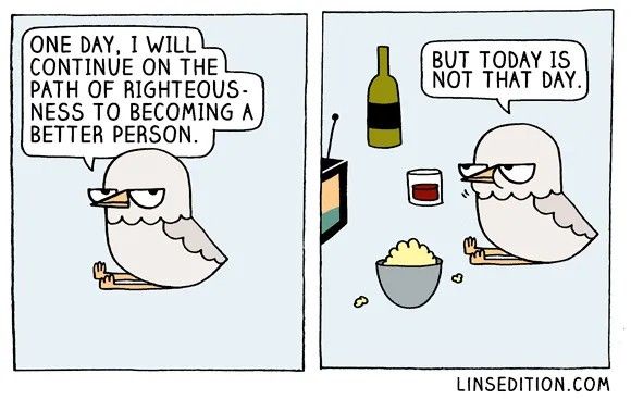 A two-panel comic strip featuring a cartoon bird. In the first panel, the bird, wearing glasses, declares its intention to…