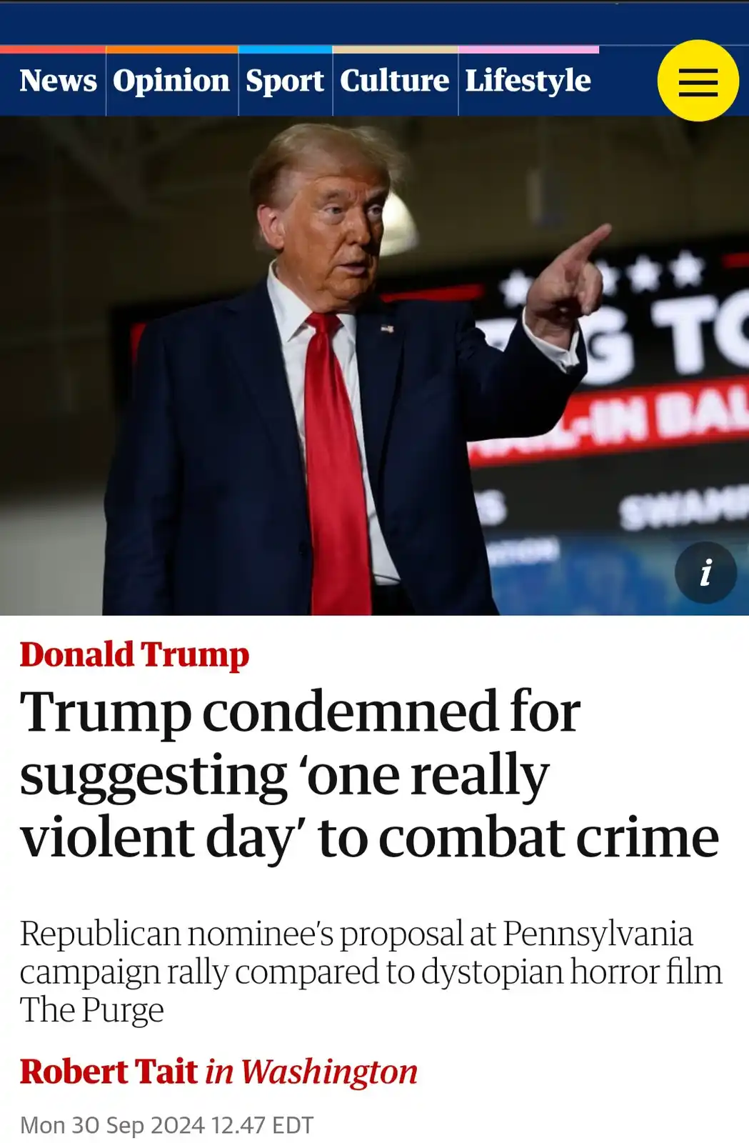 A screenshot of a news article featuring Donald Trump pointing forward, with the headline 'Trump condemned for suggesting…