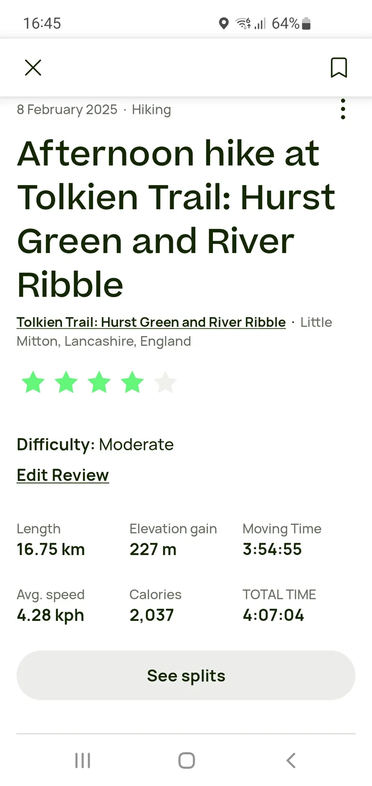 A screenshot of a fitness app showing a completed hiking activity titled 'Afternoon hike at Tolkien Trail: Hurst Green and…