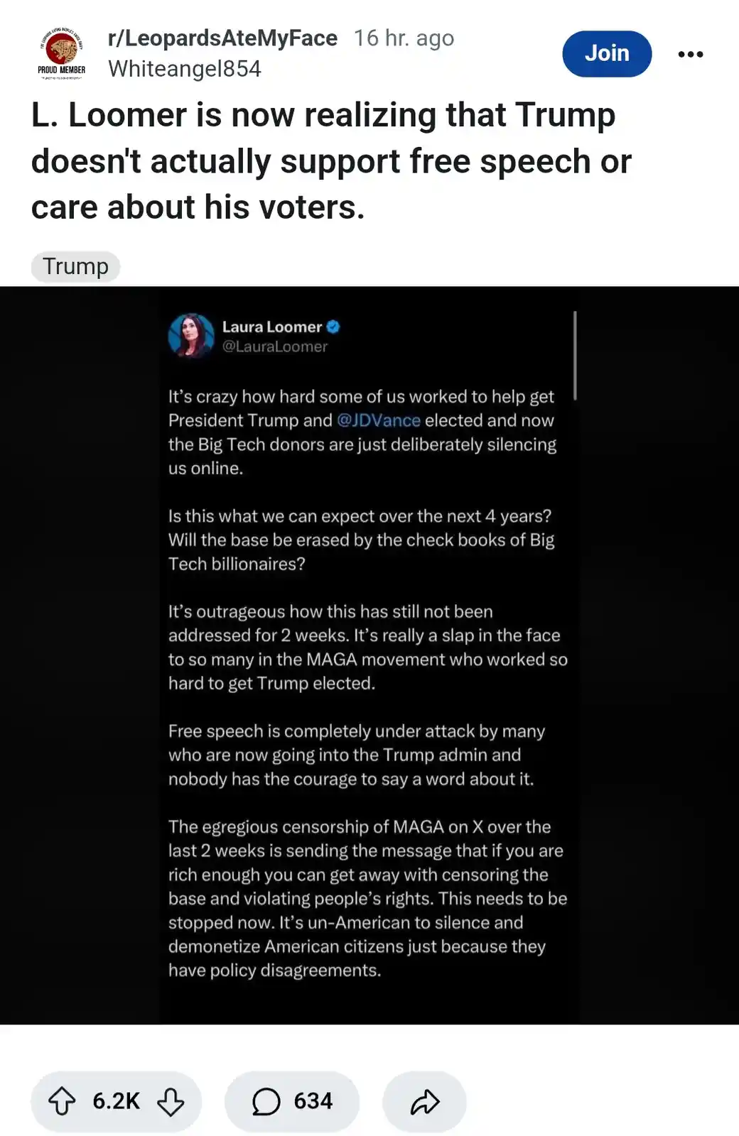 A screenshot of a tweet by Laura Loomer expressing outrage that Big Tech is censoring MAGA supporters, overlaid with the…