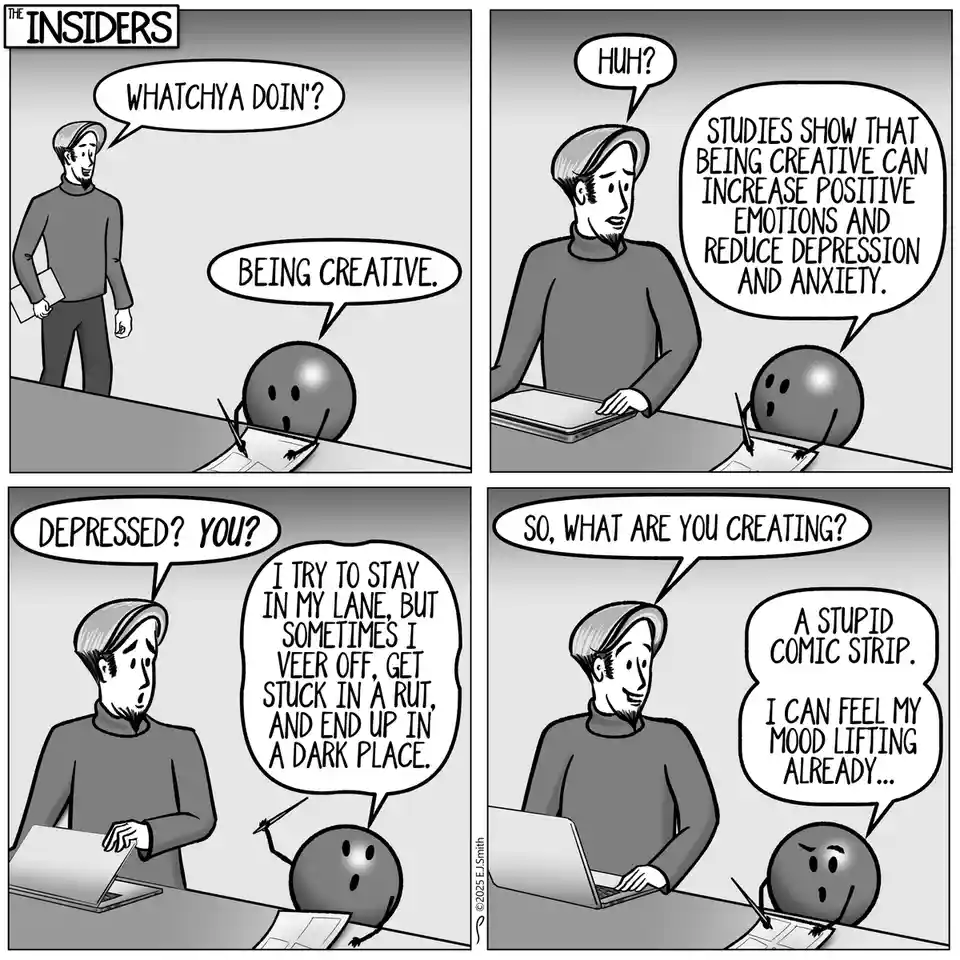 A four-panel black-and-white comic strip titled 'THE INSIDERS' shows a man asking a spherical, stick-figure-like character…