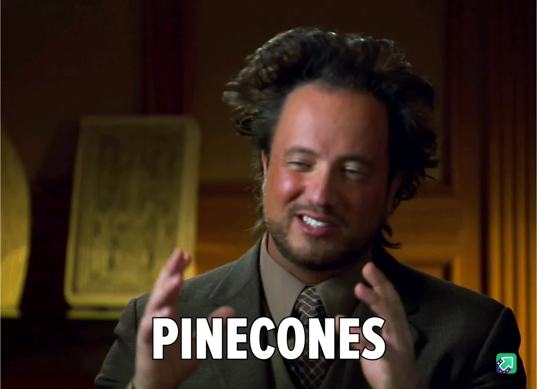 A man with wild hair and a suit is smiling and gesturing with both hands while the word 'PINECONES' is overlaid in large…