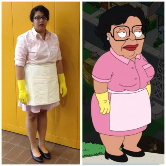 A split image shows a woman in a pink shirt, white apron, and yellow gloves standing next to the animated character Maude…