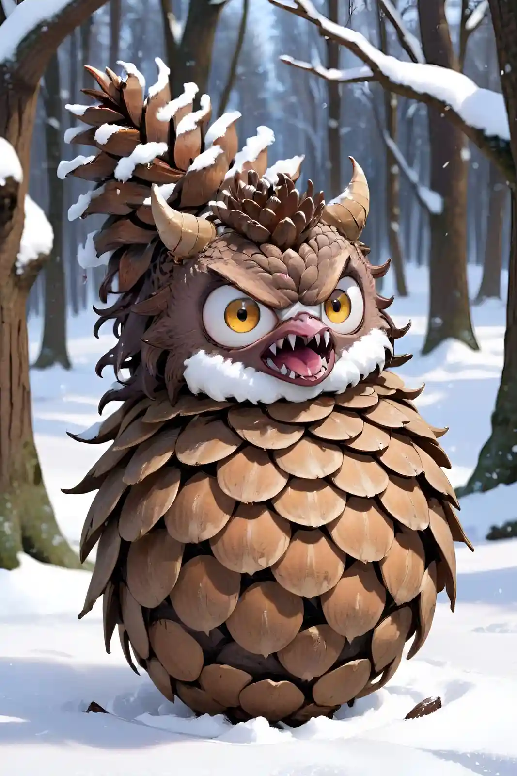 A cartoonish, angry-looking monster made entirely of pinecone scales stands in a snowy forest, with large yellow eyes, sharp…