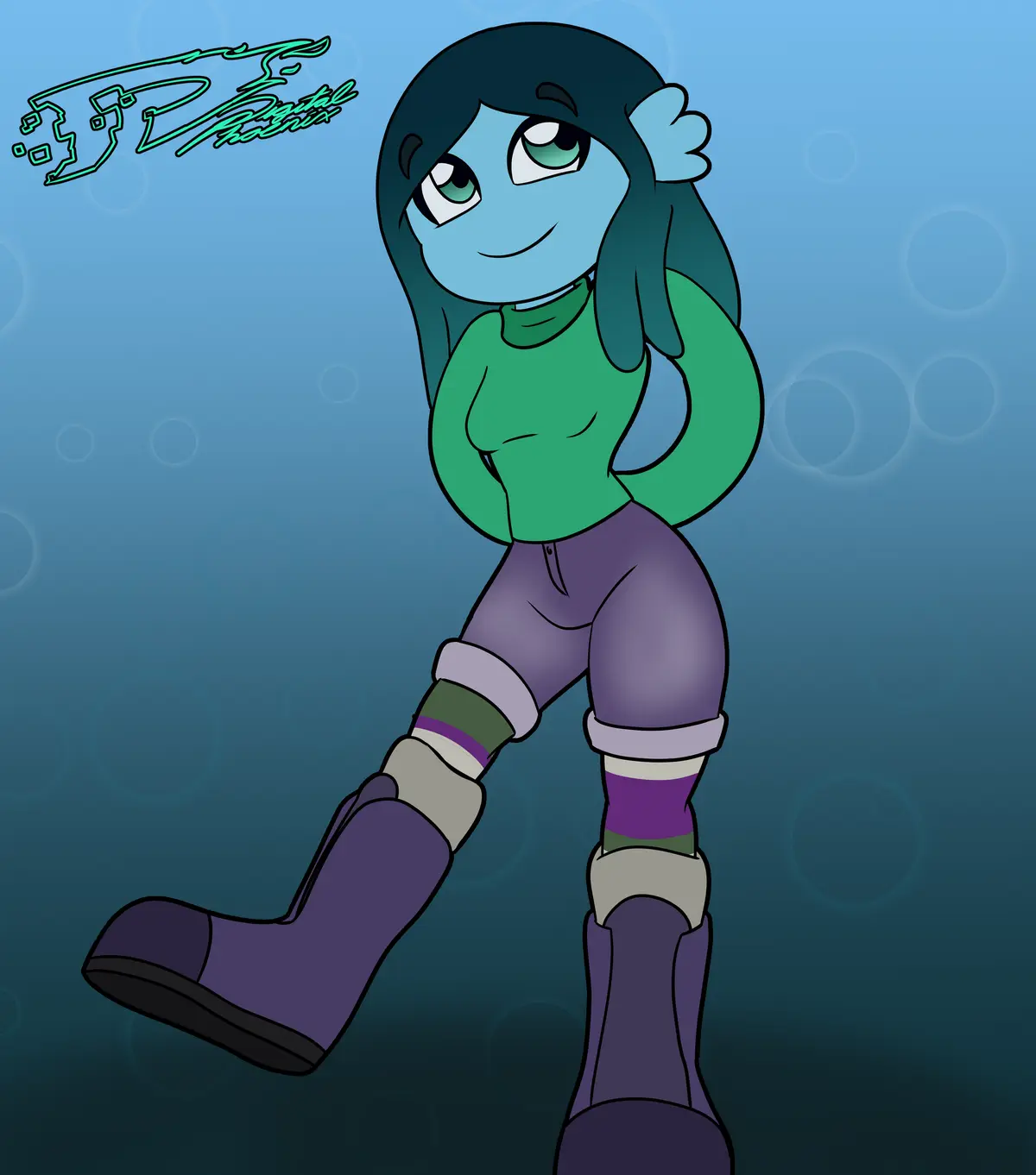 A cartoon drawing of a blue-skinned female character with dark teal hair, wearing a green turtleneck, purple pants, and…
