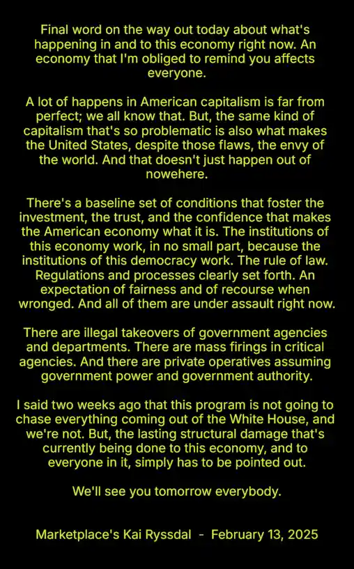 The image displays a black background with yellow text, which is a transcript of Kai Ryssdal's closing remarks from…