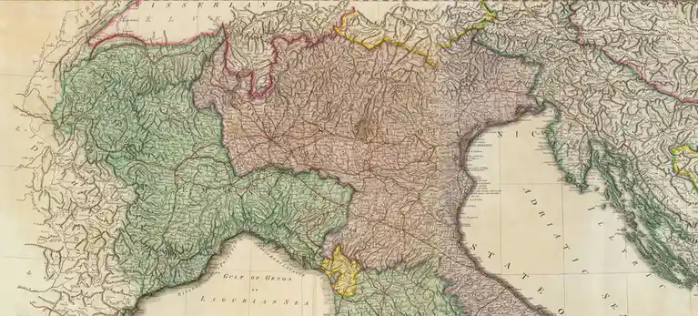 An antique map of Italy and surrounding regions, showing the 'STATE OF VENICE' in purple, bordered by 'SWISSERLAND'…
