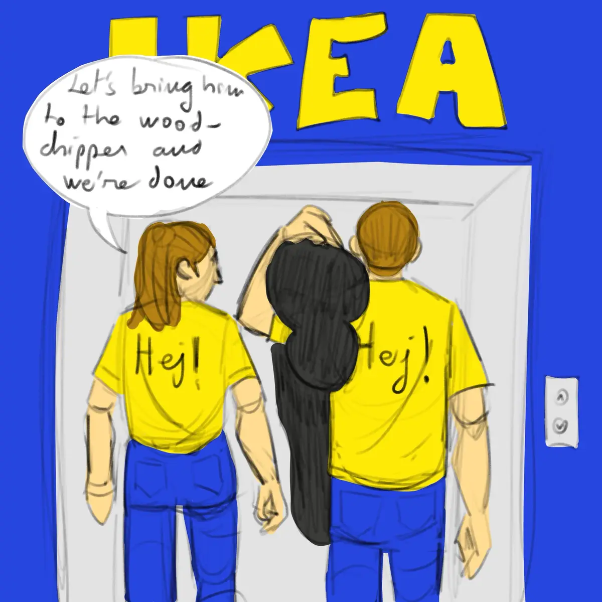Two people in yellow IKEA shirts with 'Hej!' on the back stand in an elevator, looking at the IKEA sign above. A speech…