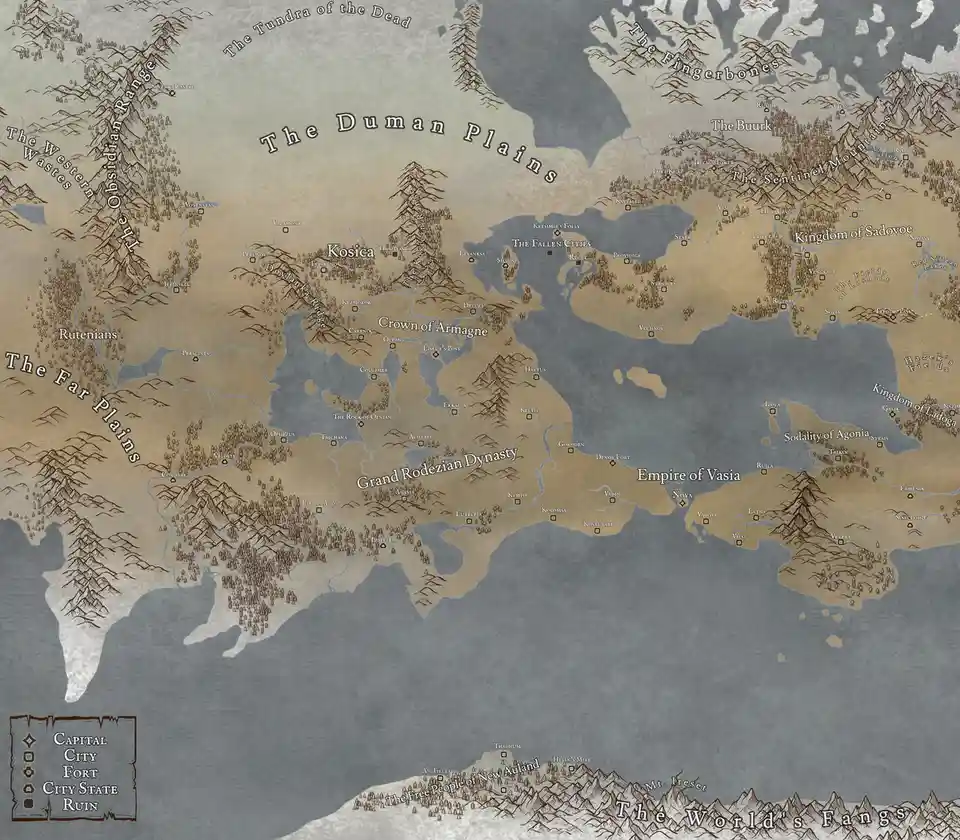 A detailed fantasy world map with labeled regions like 'The Duman Plains', 'Empire of Vasia', and 'The World's Fangs'…