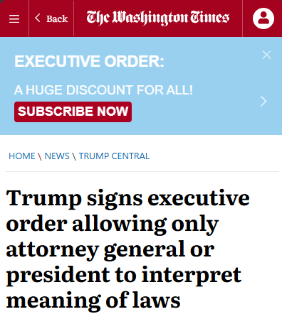 A screenshot of a fake Washington Times article headline reads 'Trump signs executive order allowing only attorney general…