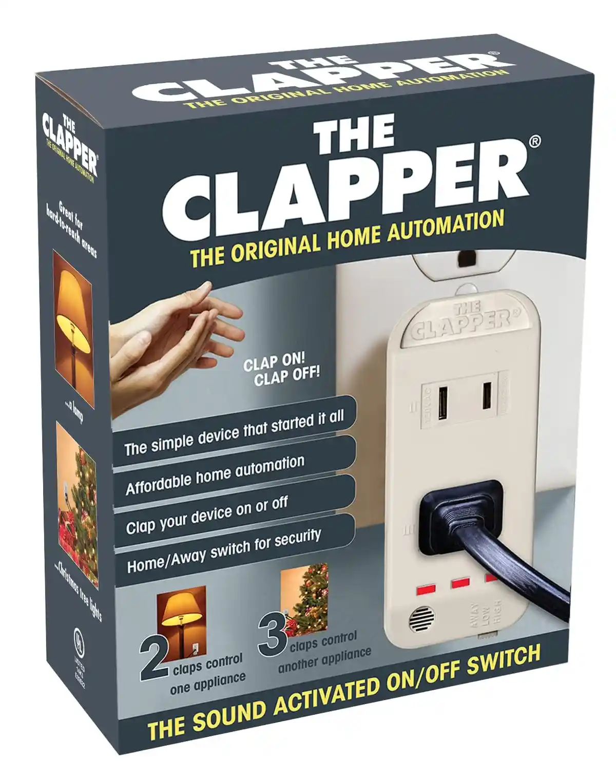 The image shows a product box for 'The Clapper,' a sound-activated on/off switch for appliances. The box features an image…