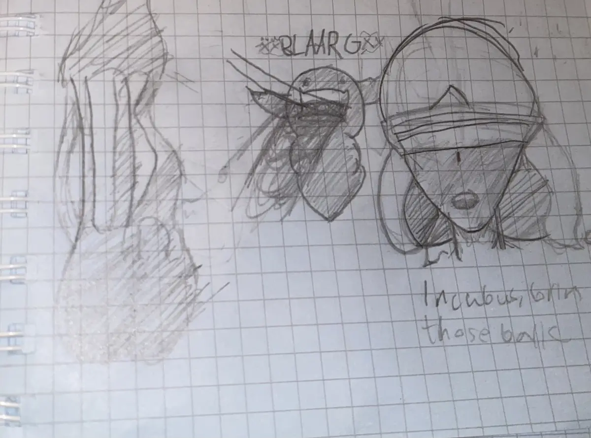 A hand-drawn sketch on graph paper shows three crude pencil drawings: a large, muscular figure on the left, a small…