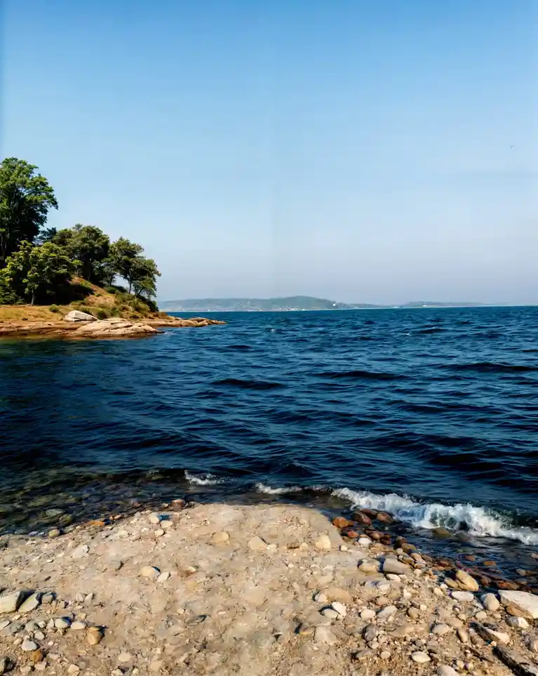 A serene coastal scene with a rocky shoreline, calm blue water, and green trees on a hill under a clear sky. Overlaid text…