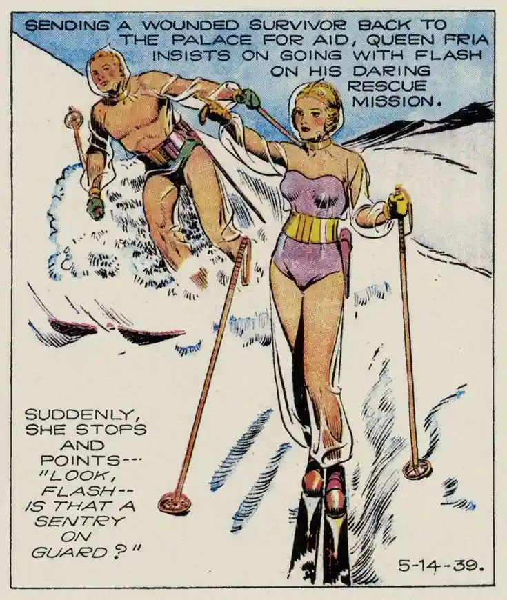 A vintage comic panel shows a muscular man and a woman in skimpy outfits skiing down a snowy slope. The woman, Queen Fria…