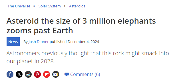 A screenshot of a fake news article header with the headline 'Asteroid the size of 3 million elephants zooms past Earth' and…