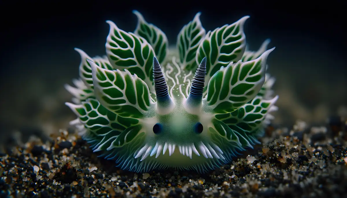 A close-up photograph of a green and white sea slug, resembling a leafy plant, resting on dark sand. The creature has…