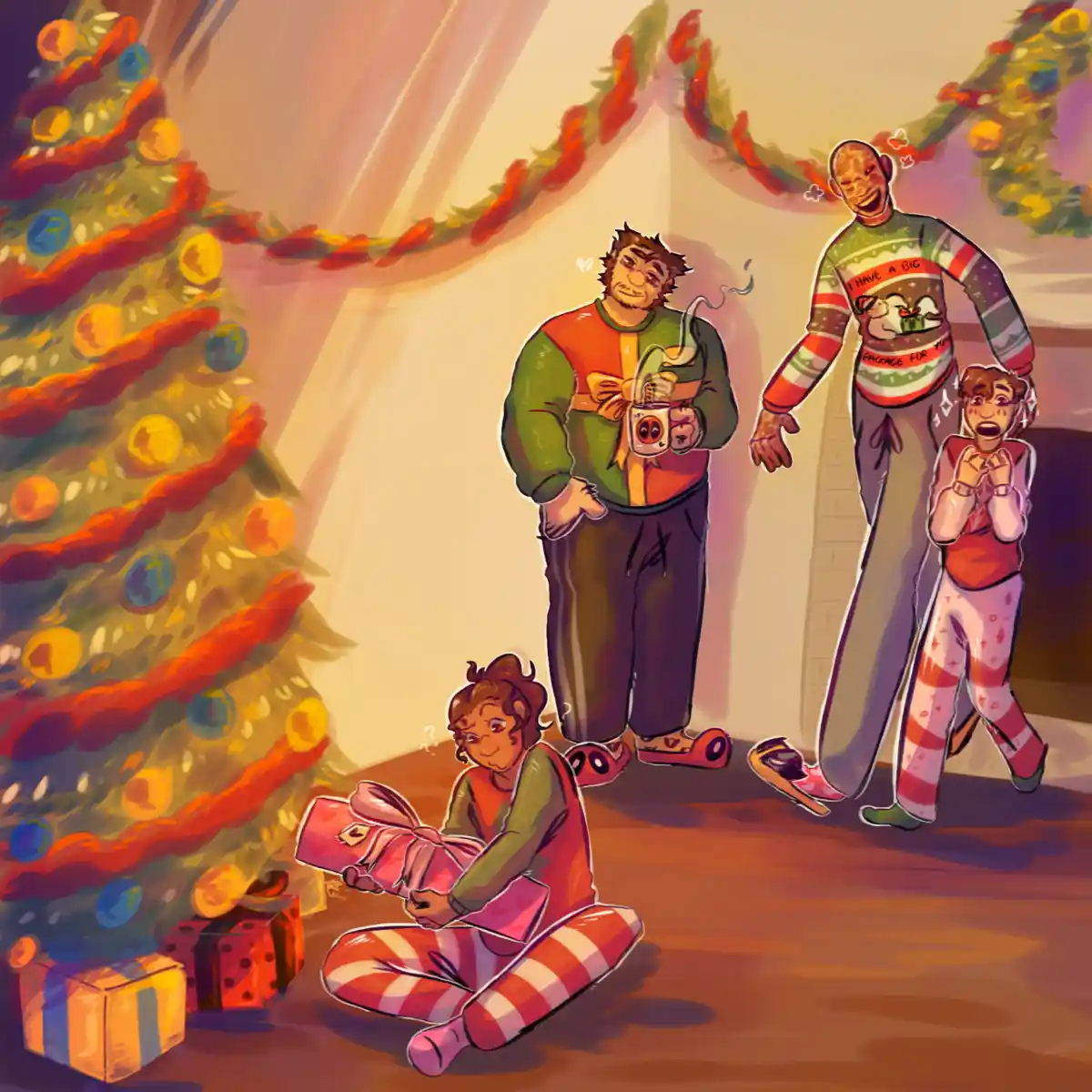 A festive Christmas scene shows a child in striped pajamas opening a gift near a decorated tree, while two adults stand…