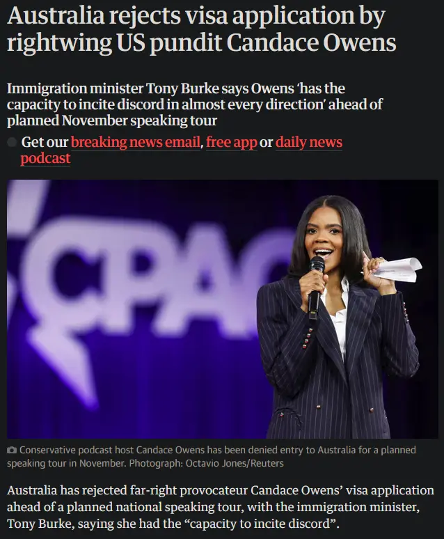 A screenshot of a news article shows a photo of Candace Owens speaking into a microphone on stage, with a blurred 'CPAC'…