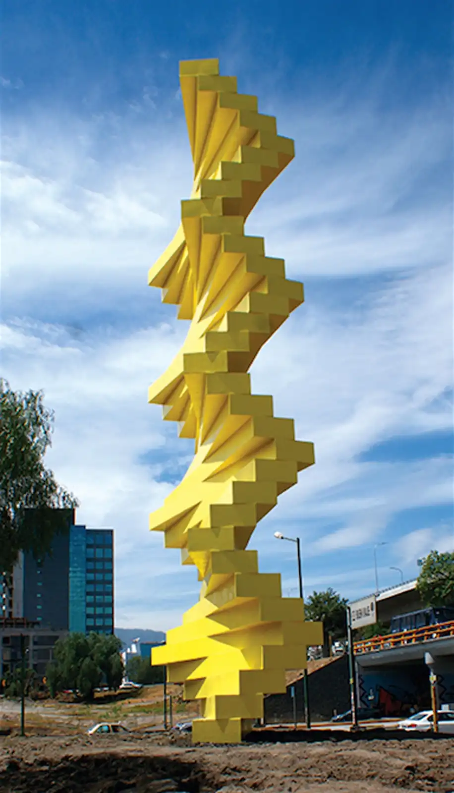 A tall, bright yellow, spiraling sculpture made of stacked, angular blocks stands in an urban construction area under a blue…