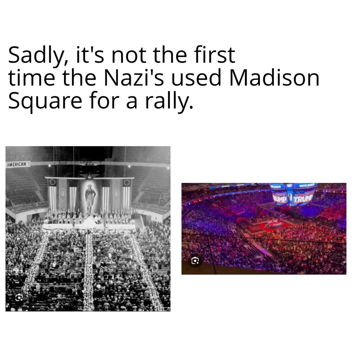 The image displays two side-by-side photos: a black-and-white historical photo of a large Nazi rally in an arena with a…