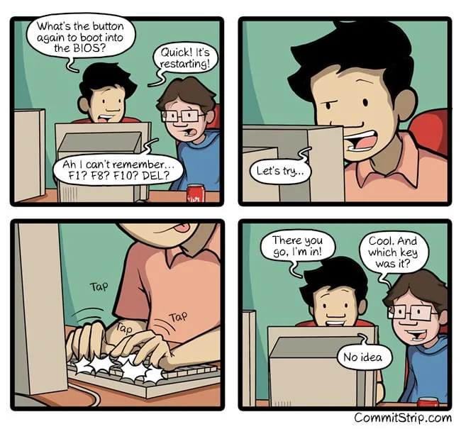A four-panel comic shows two people trying to boot into BIOS. One person frantically remembers possible keys (F1, F8, F10…