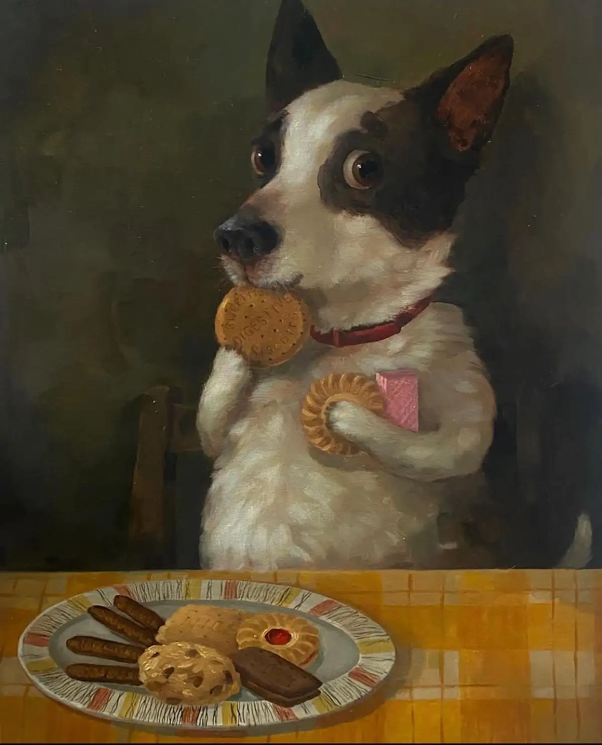 A black and white dog sits at a table with a plate of assorted cookies, holding one in each paw and looking upward with wide…