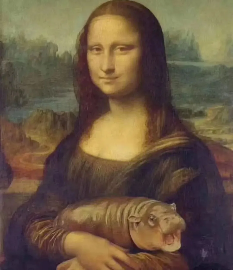The image shows Leonardo da Vinci's Mona Lisa holding a hippopotamus instead of the traditional lute or book. The hippo is…