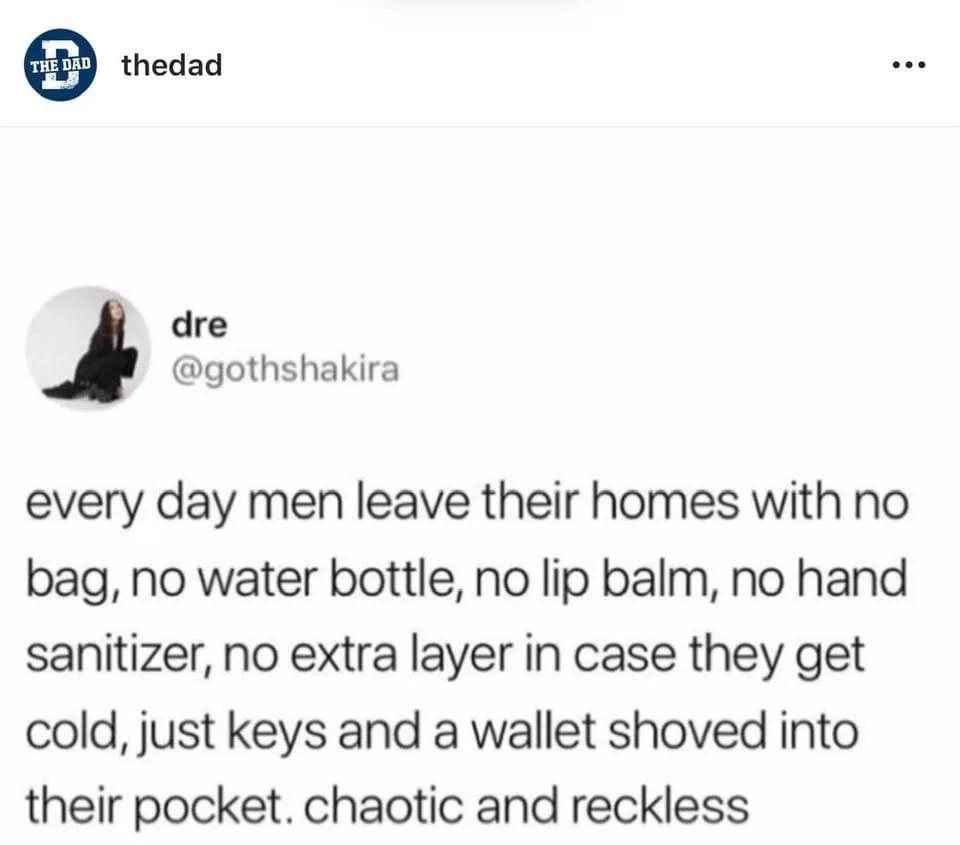 The image shows a screenshot of a tweet from user 'dre' (@gothshakira) posted on 'thedad' account. The tweet text humorously…