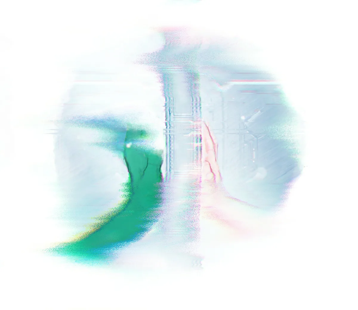 A heavily distorted, glitchy image shows a person's face partially obscured by digital artifacts and bright white…