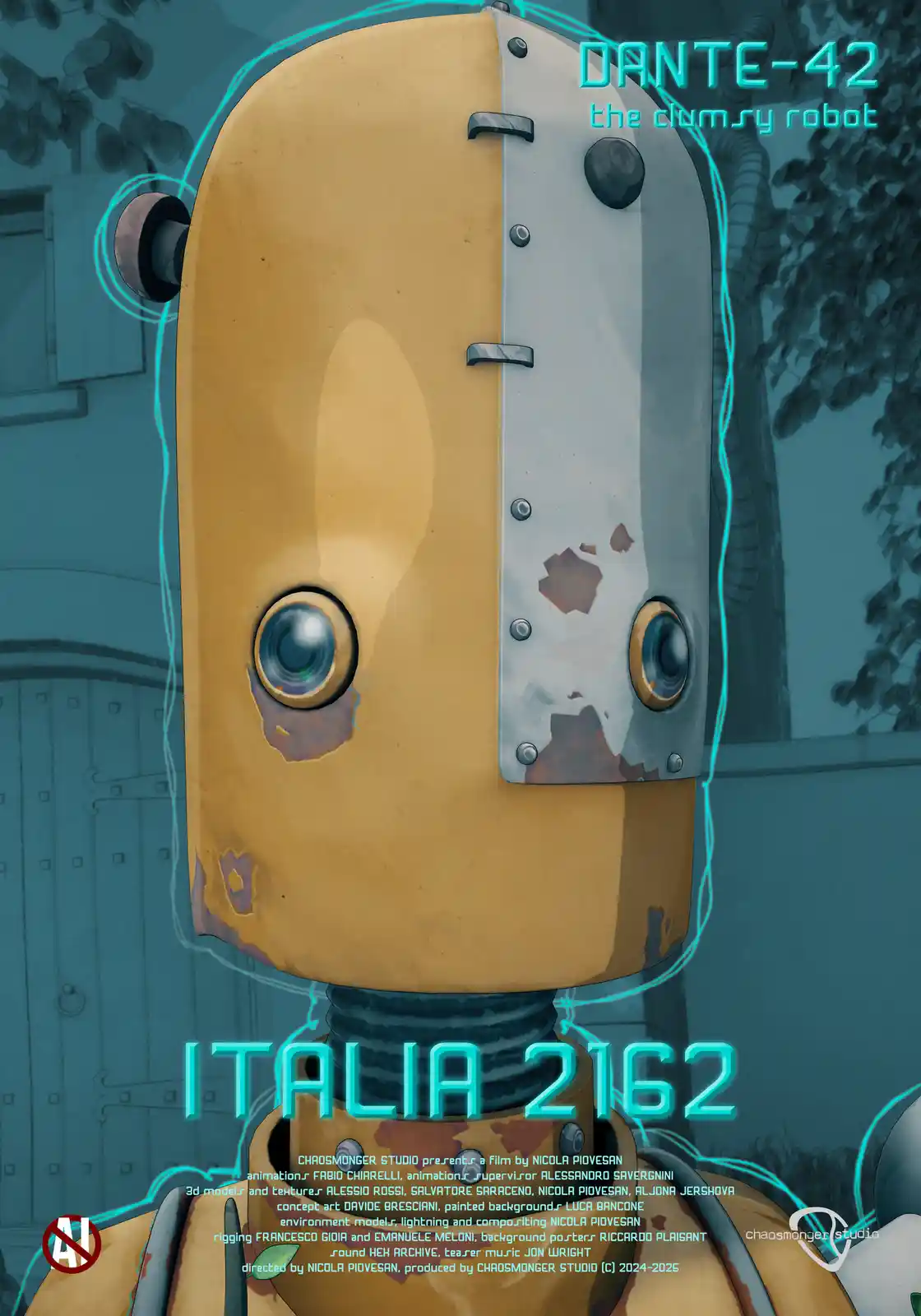 A stylized poster for 'ITALIA 2162' featuring a large, rusty, yellow-and-silver robot head with big round eyes, labeled…