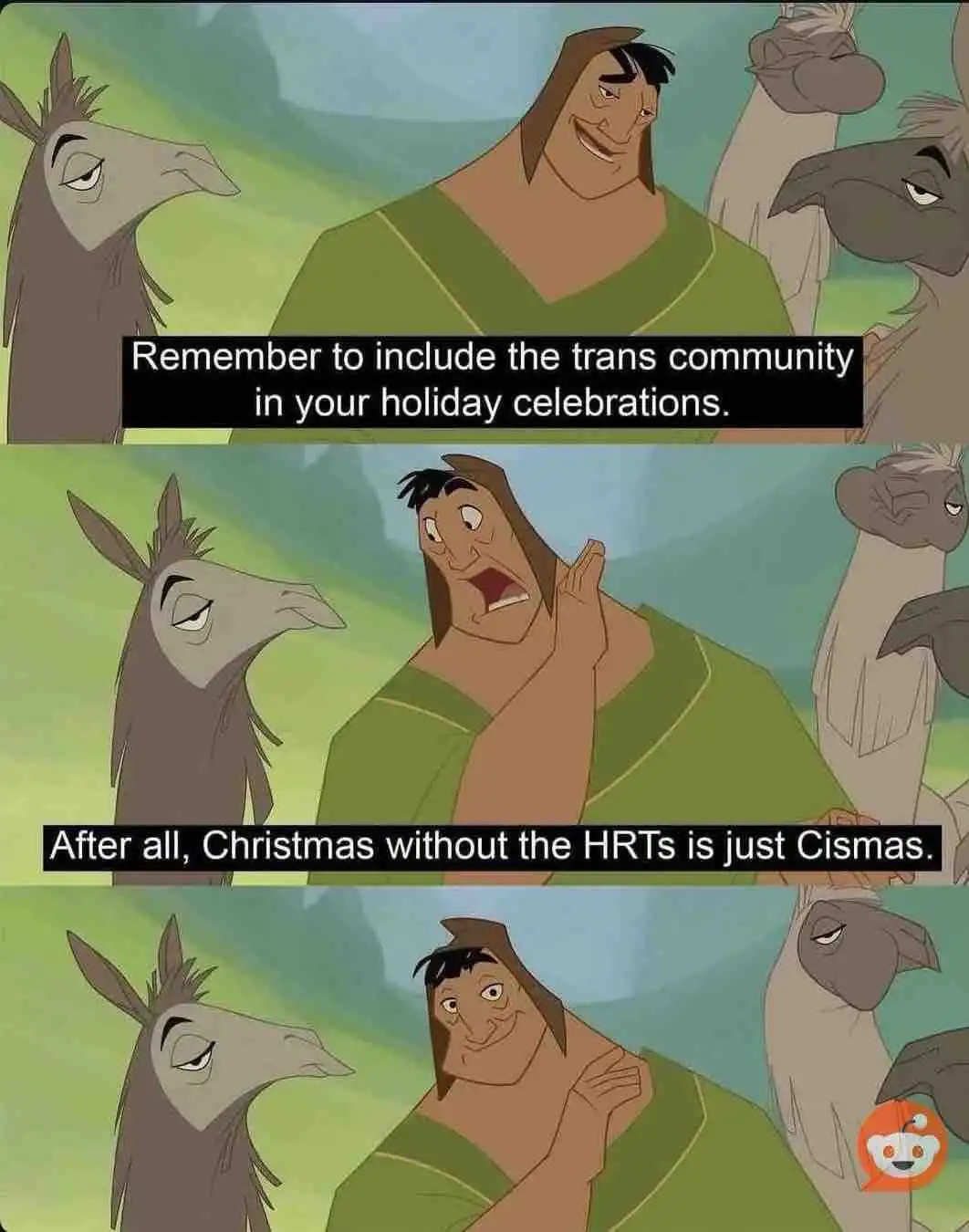 A three-panel meme using characters from Disney's 'The Emperor's New Groove' shows Kuzco, initially smiling, then shocked…