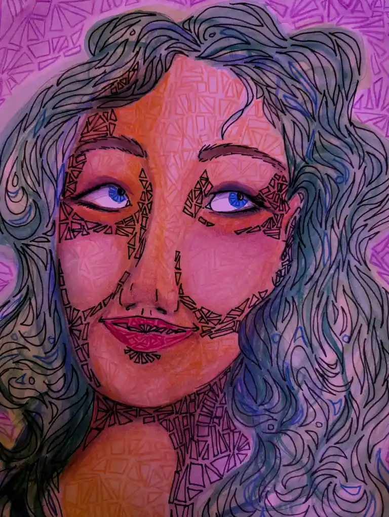 A stylized, colorful drawing of a woman's face with wavy blue hair, blue eyes, and geometric black line patterns covering…